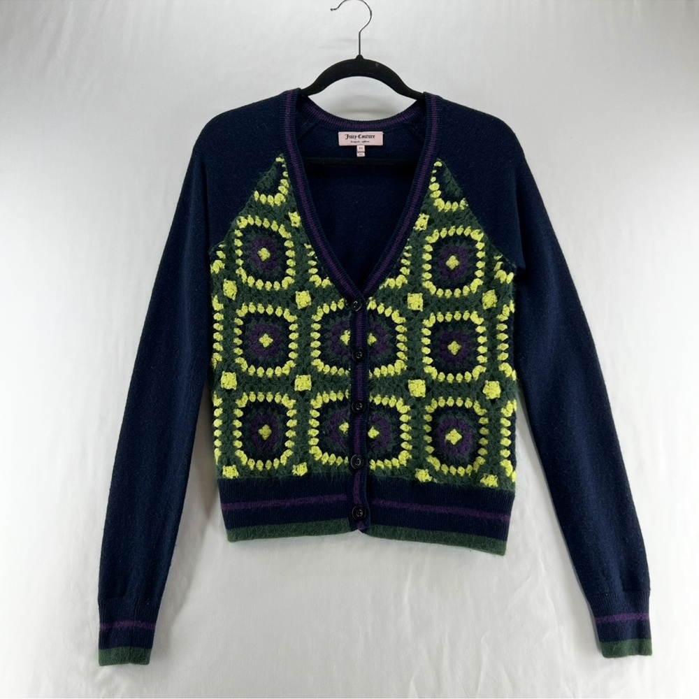 Juicy Couture Sweater Womens XS Crochet Granny Square Cardigan Retro Navy Green - Picture 11 of 12